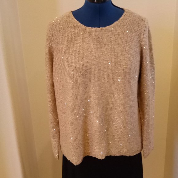 Chico's Sweaters - CHICO'S Perfect 4 Holiday! Shimmery Gold HiLo Pullover Knit Sweater Sequins